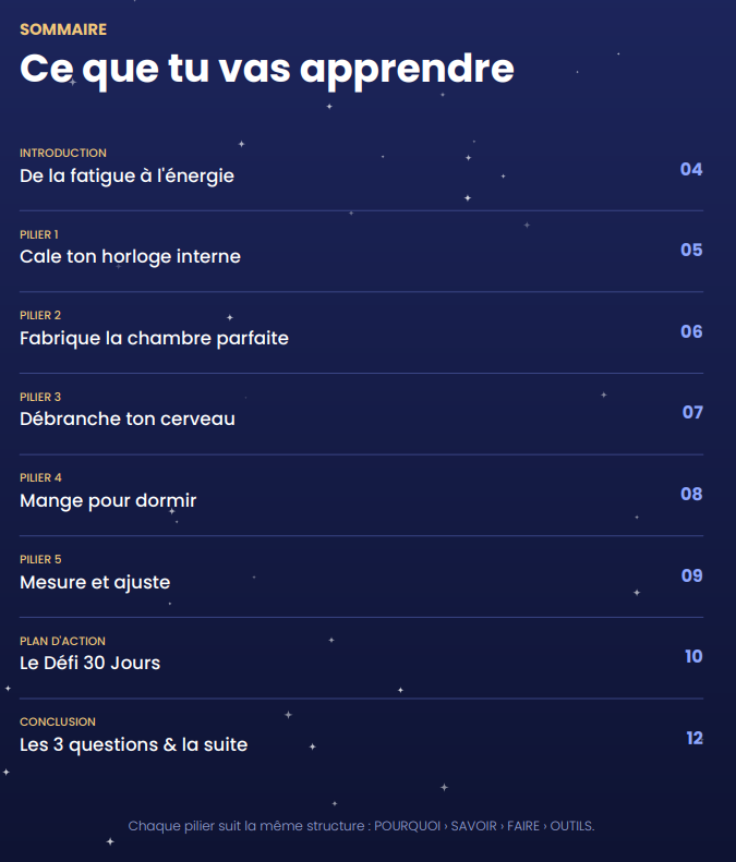 Sommaire du guide : horloge interne, chambre, apaisement du cerveau, alimentation, mesure et ajustement